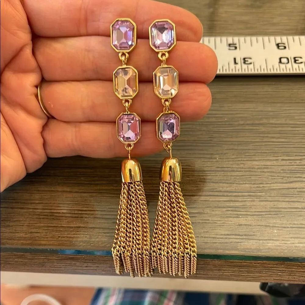 Long Dangling Pink & Purple Gold-tone Tassel Earrings
